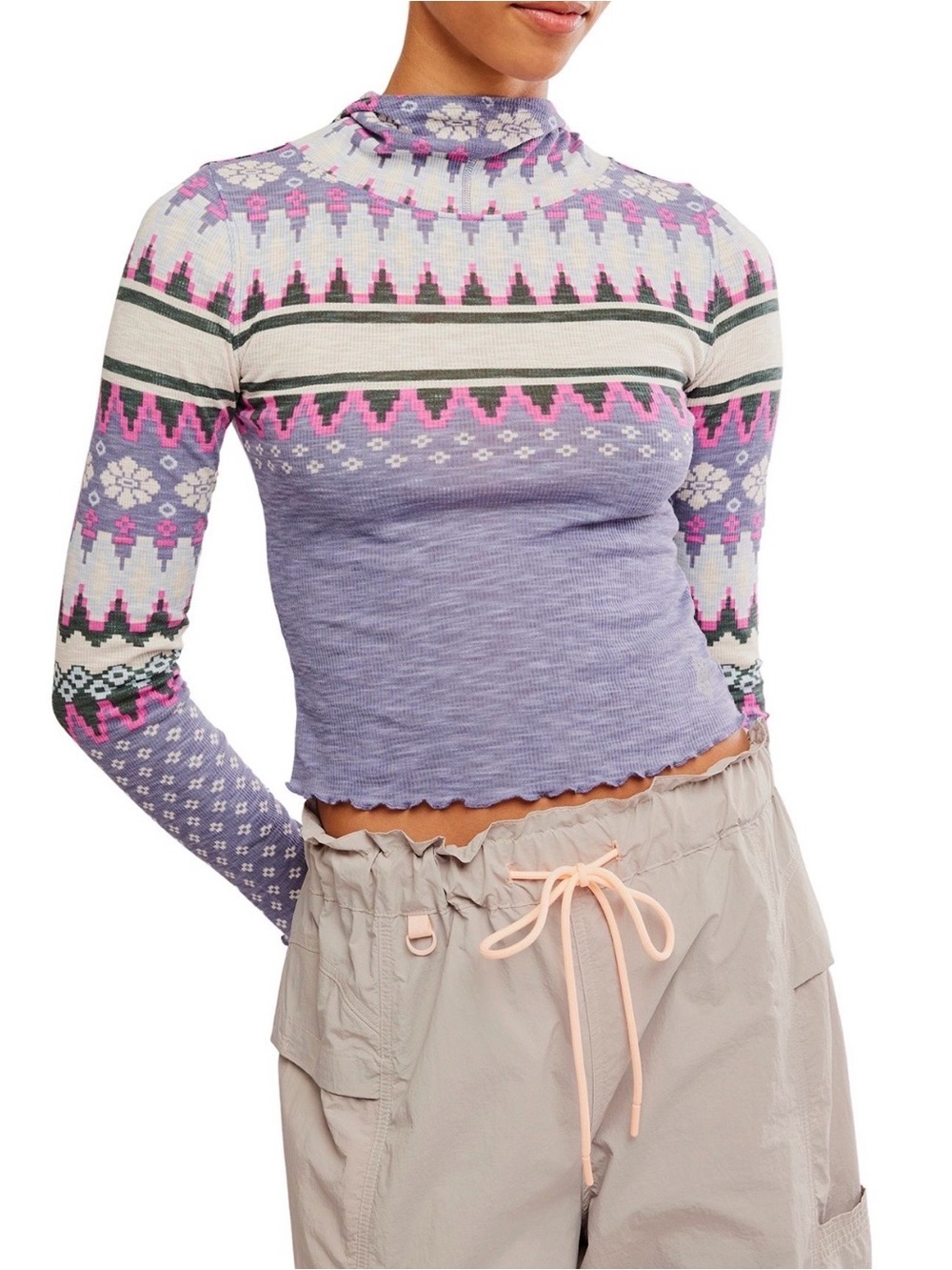 Free People Movement Breathe Easy Hooded Layer Top XS Purple Fair Isle NWT